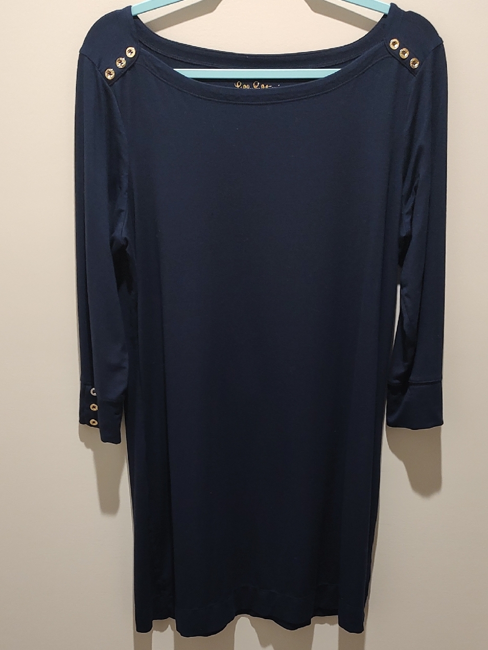 Lilly Pulitzer Navy Nautical Boat neck Shift Dress w/ Gold Buttons Accents Soft